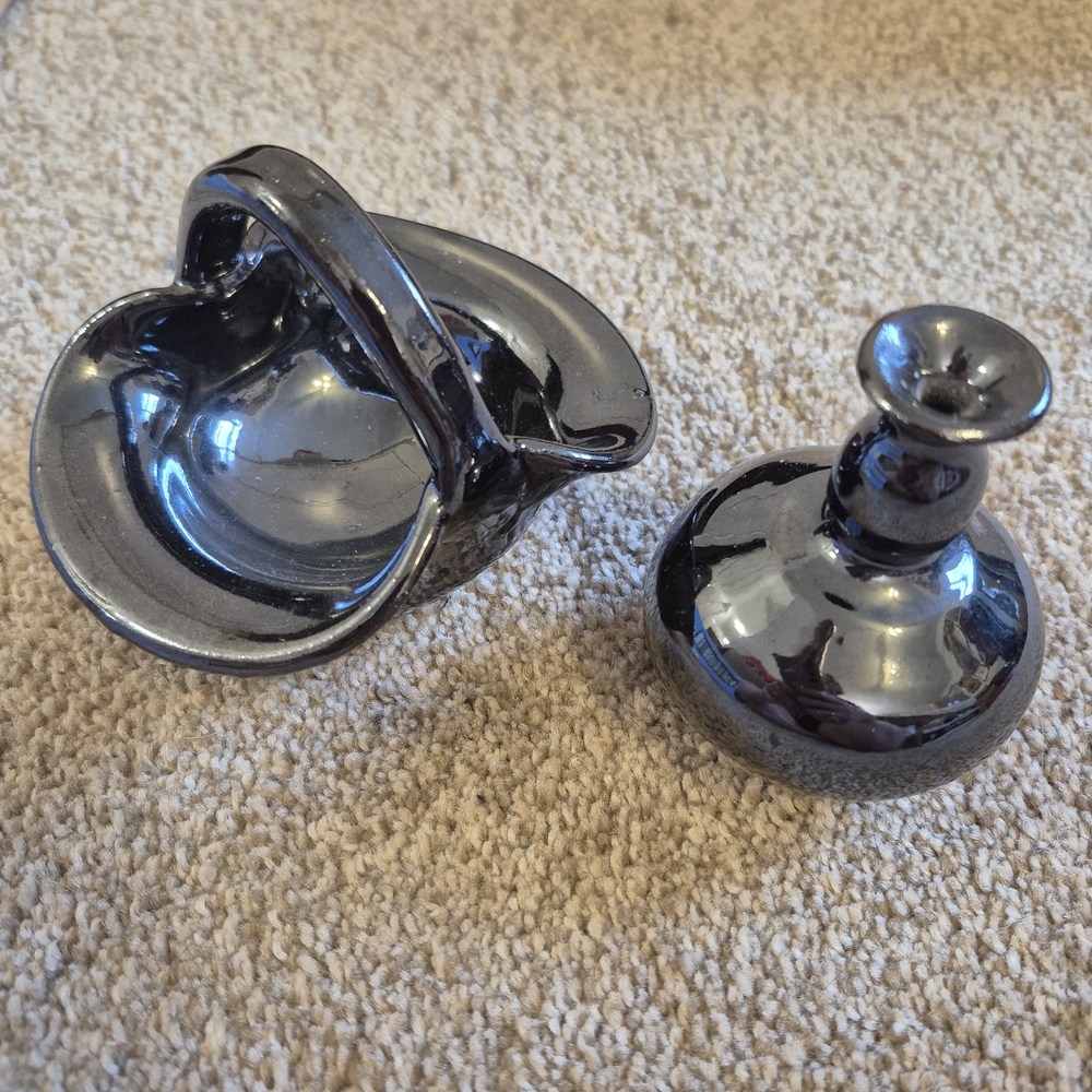 Vintage Black Glossy Finish Redware Dish And Mini Vase Set